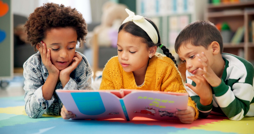 students reading a book